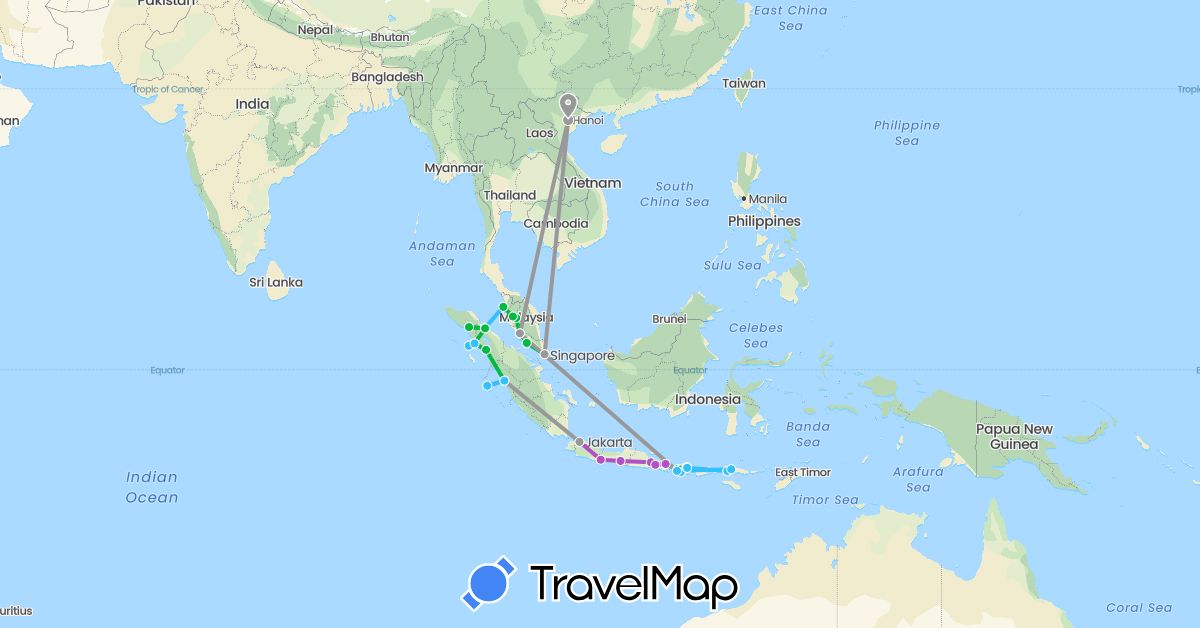 TravelMap itinerary: driving, bus, plane, train, boat in Indonesia, Malaysia, Singapore, Vietnam (Asia)